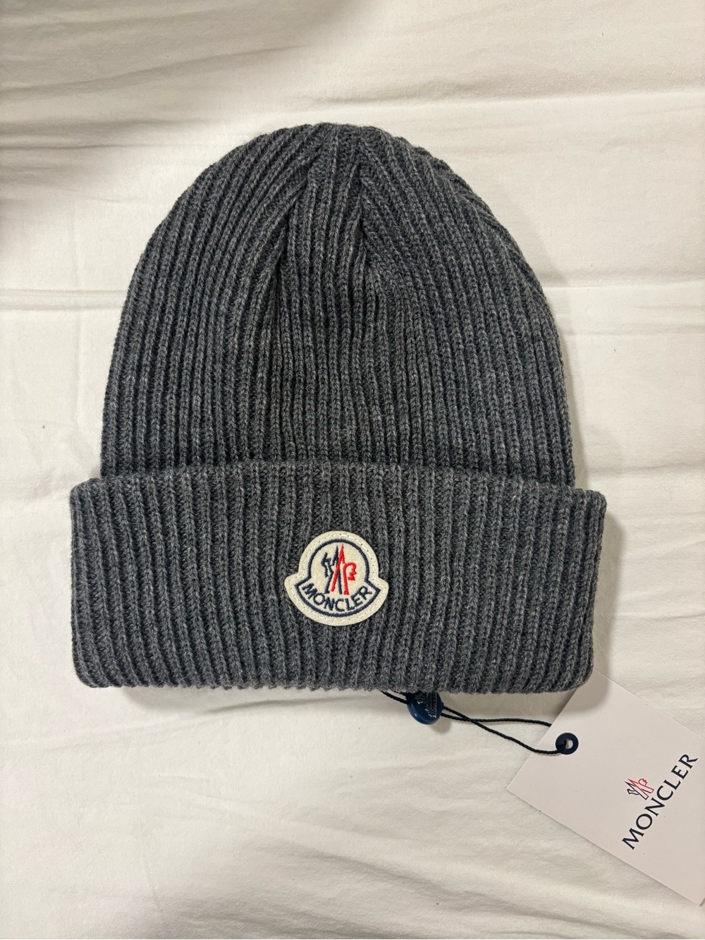 Moncler Gray Rib-Knit Cuffed Beanie with Logo Patch